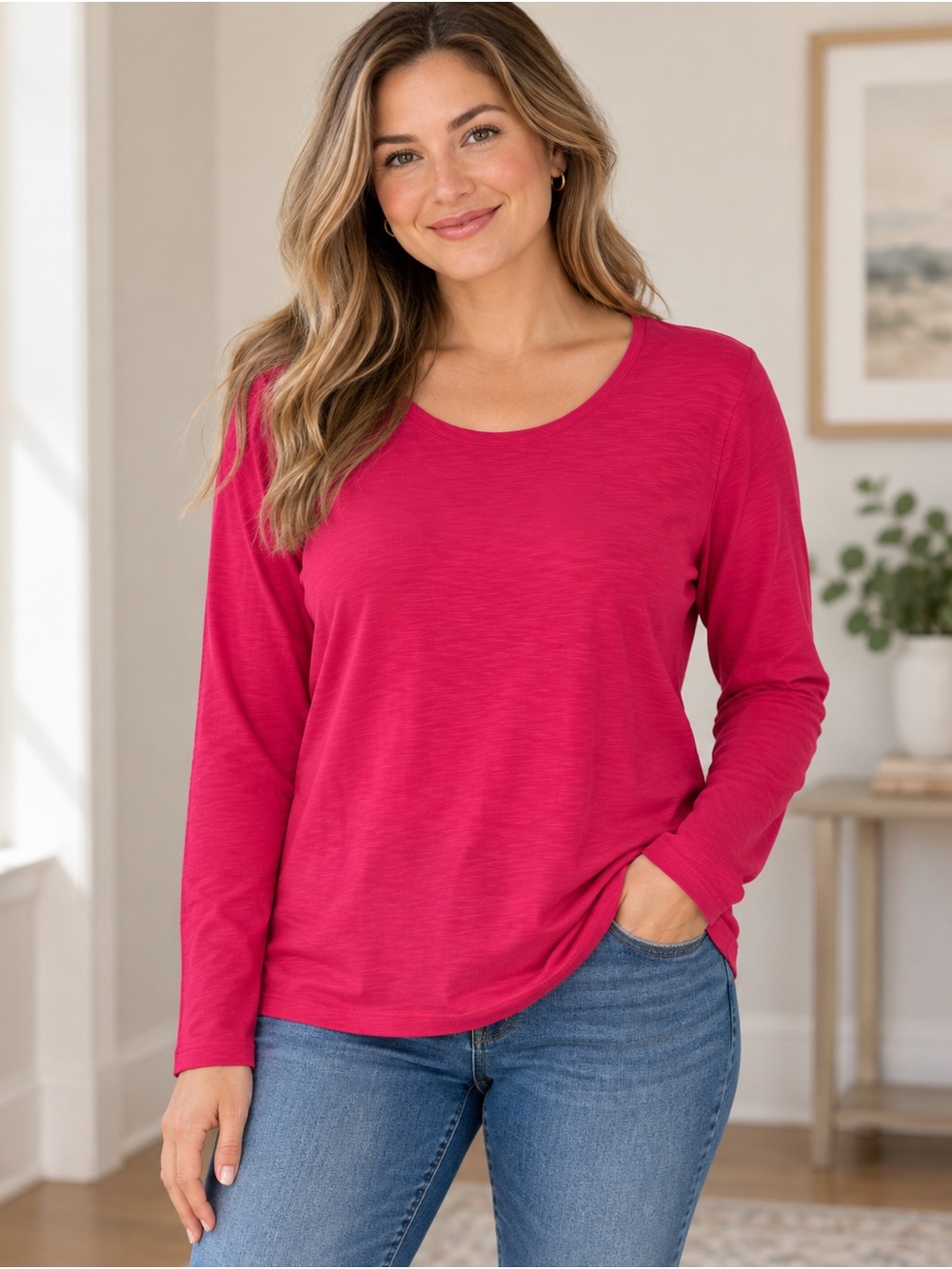 Faded Glory Pink Long Sleeve Cotton Top XL NWOT